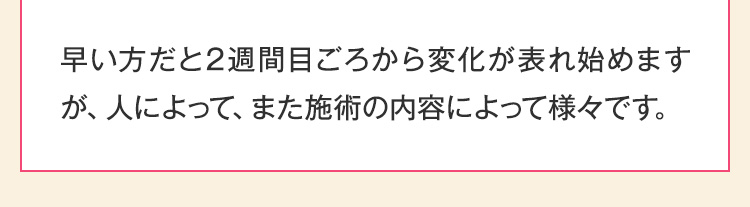 早い方だと2週間目ごろから変化が表れ始めますが、人によって、また施術の内容によって様々です。