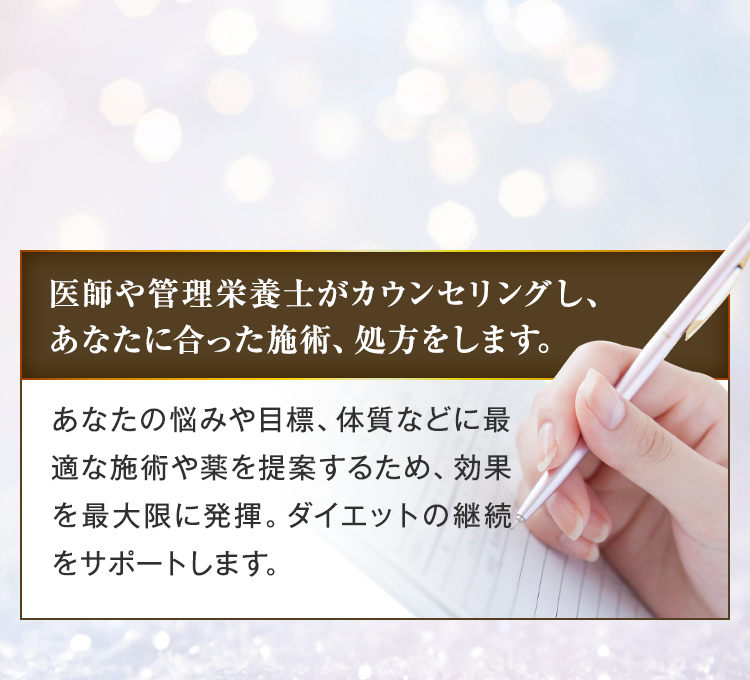 医師や管理栄養士がカウンセリングし、あなたに合った施術、処方をします