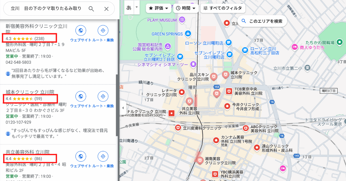 目の下のクマ取りたるみ取り　立川