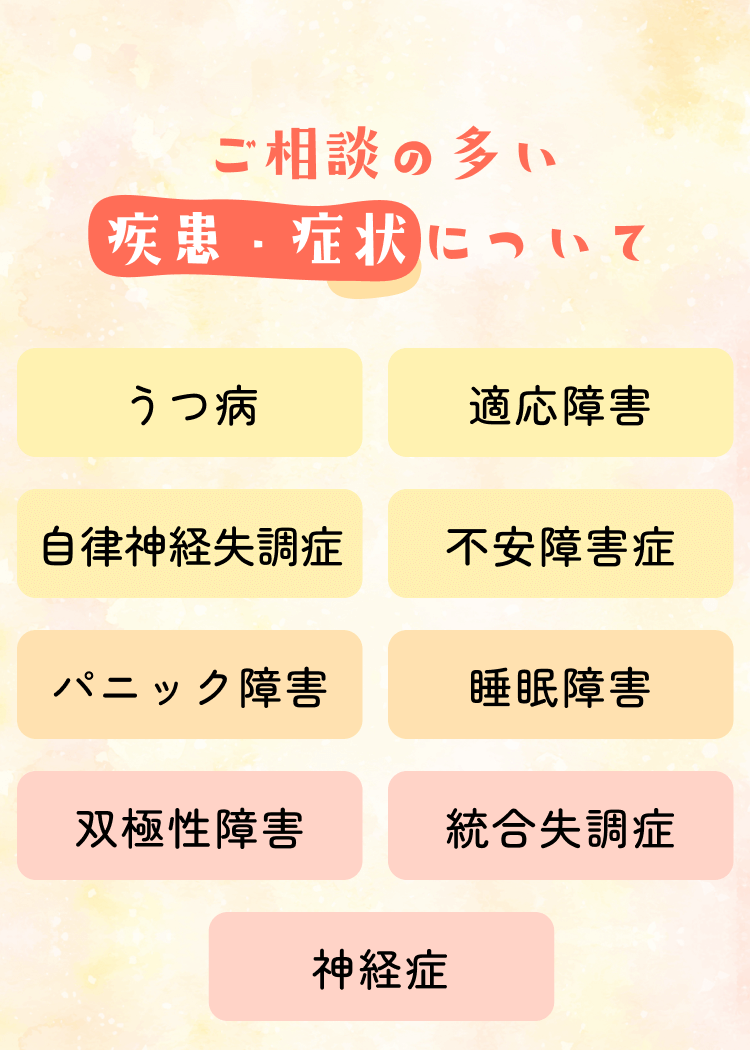 【ご相談の多い疾患・症状について】うつ病/適応障害/自律神経失調症/不安障害症/パニック障害/睡眠障害/双極性障害/統合失調症/神経症